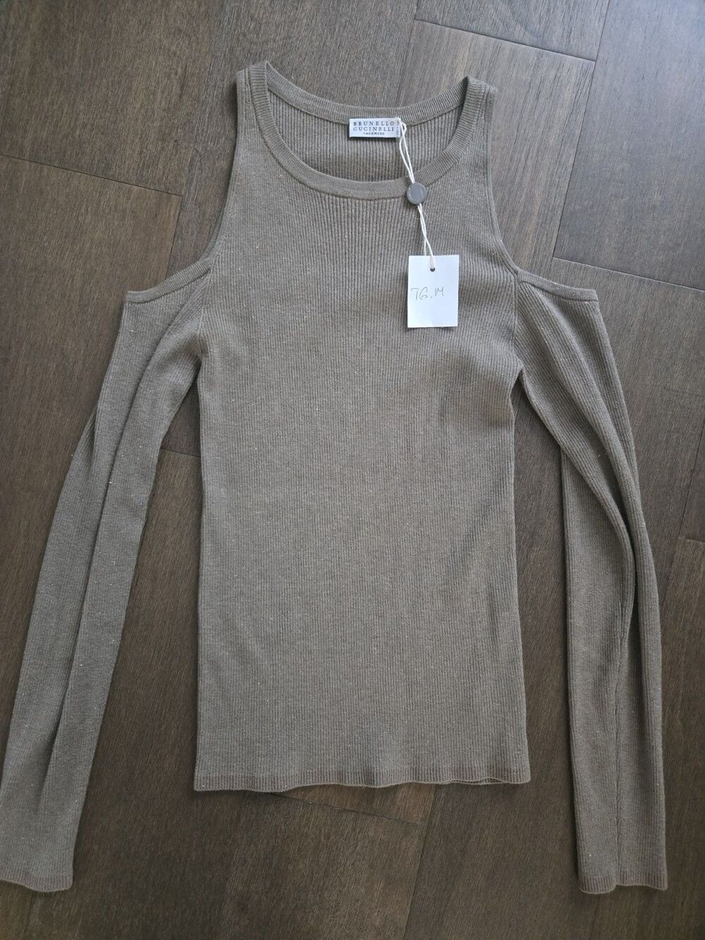 Brunello Cucinelli Brown Gold Off The Shoulder Knit Sweater Top Cashmere Size M